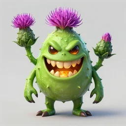 Plant thistle monster with wicked smile and amber teeth, green body, digital art style, trending on art station