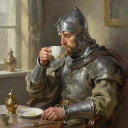 a knight drinking a cup of tea by thomas kinkade, digital art, trending on artstation