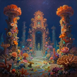 a beautiful cinematic view of an underwater enchanting multicolored coral shrine surrounded by an exotic tropical reef, underneath a star filled night sky, warm coloured, gigantic pillars and flowers, maschinen krieger, beeple, film, atmospheric perspective, abzu, oil on canvas