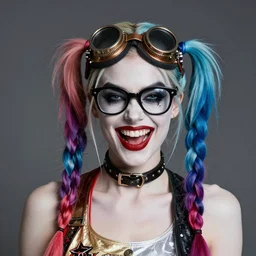 double very long braids blue, bronze steampunk welding goggles black glasses, clear makeup, tane skin, evil crazy laugh, harley quinn, portrait by ilya kuvshinov