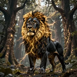 epic photography of black lion with gold lightnings in the fur surrounded by ancient trees, colossal scale, photorealistic, high details, intricate by Evgeniy Antonenkov