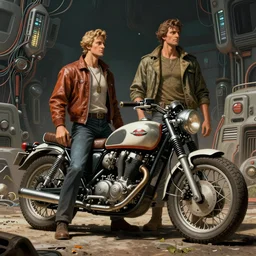 moebius and ralph mcquarrie style, vintage classic motorcycle, retro futuristic sci - fi, blade runner 2 0 4 9, wires devices electronics, technical illustration