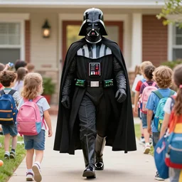 darth vader walking kids to the kindergarten
