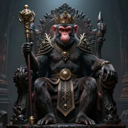monkey king godly lord of monkeys, wearing a crown, holding a staff, sitting in throne 8 k render high detail dark demon gothic style
