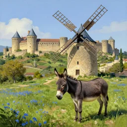 very long shot of a windmill, donkey in front, spots of blue flowers nearby, medieval french landscape, Carcassonne, city of carcassonne in the background, by Stanley Artgerm Lau, WLOP, Rossdraws, frank frazetta, Andrei Riabovitchev, Marc Simonetti, tranding on artstation