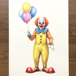 Colored pencil art on paper, Clown with balloons fully body portrait, highly detailed, artstation, MasterPiece, Award-Winning, Caran d'Ache Luminance
