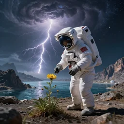 astronaut finding a flower on an alien planet with mountains, water, strange clouds, hyper realistic, dramatic lightning, ray tracing, high resolution photo, cinematic 8 k