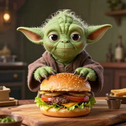 Yoda cooking burgers hyper real photo