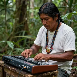 an indigenous ecuadorian huaorani man playing with akai mpc 2 0 0 0 in the jungle, wet floor, poster art by daniele caruso, benediktus budi, jason edmiston, vc johnson, powell peralta, volumetric light, fog