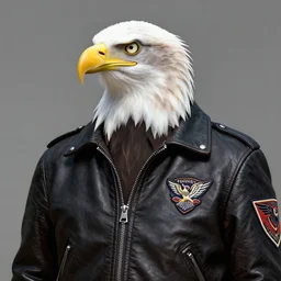 a bald eagle in a leather jacket with wings insignia, digital art