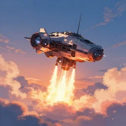 an intricate spaceship launching into the sky, sunset, fluffy clouds, beautiful digital art, pixiv