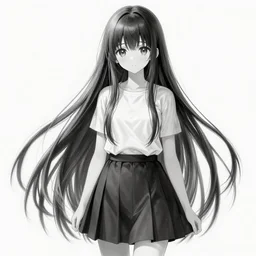 hyper detailed black and white realistic wide shot of manga cute young adult girl with long black hair wearing school uniform walking to the camera by yoji shinkawa, shikinami asuka langley, johfra bosschart