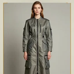 a realistic fashion portrait by norman rockwell and alphonse mucha of a russian girl detailed features wearing a cargo wedding dress - sporty, sleek, tech utility - chic trend. lots of zippers, pockets, synthetic materials, jumpsuits chic'techno fashion trend by issey miyake and balenciaga