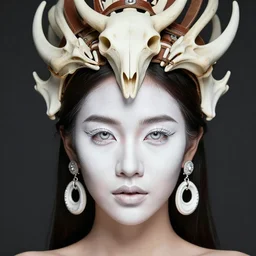 a fierce looking beautiful young thai woman with symmetrical white makeup, wearing an intricate headdress made from bones and leather, wearing large earrings made from white bones, hyperdetailed illustration by irakli nadar and alexandre ferra, intricate linework, in the style of a national geographic portrait, unreal engine 5 highly rendered, global illumination, radiant light, detailed and intricate environment