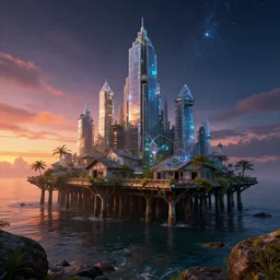 a beautiful very detailed rendering of pier abandoned city nature by buckminster fuller, azeroth nightsky gem retrowave made of glass myst magic realism nightvision cgsociety sunset, archdaily, wallpaper, highly detailed, trending on artstation.