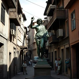 vintage color photo of a michelangelo bronze sculpture in the middle of a poor brazilian favela street, image by werner herzog