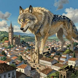 Ouro Preto Minas Gerais artwork by Tomer Hanuka Rendering with an giant magical wolf destroying the city . full of details, by Makoto Shinkai and thomas kinkade, Matte painting, trending on artstation and unreal engine