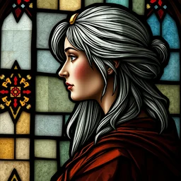 side - view portrait of ciri from the witcher 3, 1 0 th century stained glass window, masterful