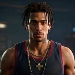 a videogame still of NBA YoungBoy in Tekken 7, portrait, 40mm lens, shallow depth of field, close up, split lighting, cinematic