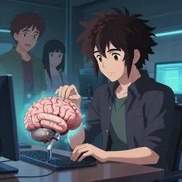 cyberpunk curly - haired persian programmer next to an artificial brain on a stand, artstation, makoto shinkai and gary ruddell