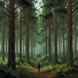 pine forest, illustrated, epic composistion, moebius, edward hopper and james gilleard, zdzislaw beksinski, steven outram, volumetric lighting, surreal flat colors, concept art