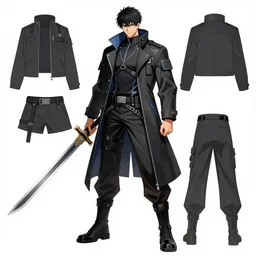 a male anime cyberpunk hero protagonist who wields two swords, wearing a heavy jacket, character concept exploration, outfit designs, trending on artstation