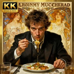 hyperrealist portrait of a man eating dinner. by jeremy mann and alphonse mucha, fantasy art, photo realistic, dynamic lighting, artstation, poster, volumetric lighting, very detailed faces, 4 k, award winning