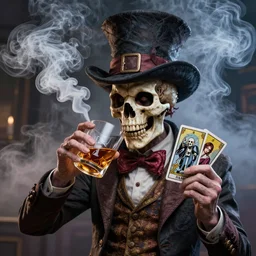 Mad hatter big cloud of smoke, drinking whisky, death tarot card,highly detailed,half skull face,cinematic,8k,by Stanley Artgermm,Tom Bagshaw,Greg Rutkowski,Carne Griffiths, Ayami Kojima, Beksinski, Giger,trending on DeviantArt,hyper detailed,horror, full of colour