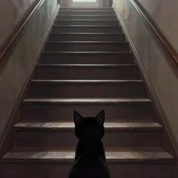 looking down a flight of dimly lit stairs, first person perspective, black cat looking up from the base of the stairs, digital illustration, artstation, artstation hq, hd