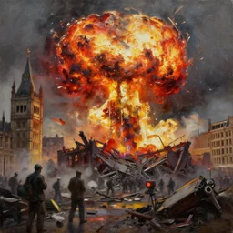 london being destroyed by an atomic bomb explosion, oil in canvas