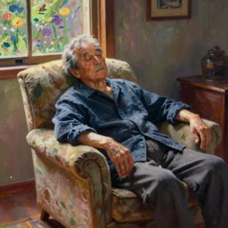 japanese old man sleeping on arm chair in his living room by monet