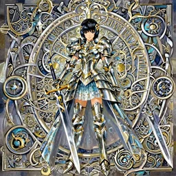 an Asian girl wearing glass and gold armour dress, carrying void sword, full body concept art, intricate details, epic light, by Kentaro Miura and Masanori Warugai