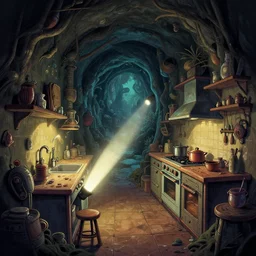 naive nerikomi, weird perspective, extra narrow, detailed illustration of a kitchen dim lit by flashlight in a scenic spiral environment by anton fadeev from lorax movie, trending artstation, sticker art