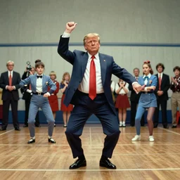 donald trump clone dance - off directed by wes anderson, cinestill 8 0 0 t, 1 9 8 0 s movie still, film grain