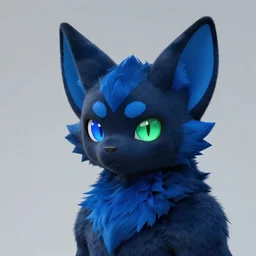 a blue - and - black male catbat fursona ( from the furry fandom ) with blue / green heterochromatic eyes ( one green eye ) and huge bat ears, photo portrait