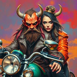 portrait of an apocalyptic scifi orcish biker dude on a motorcycle with his babe girlfriend, psychedelic vibrant colors, highly detailed oil painting by michael whelan art, futuristic punk rock fashion, perfect face, sharp focus, detailed eyes, realistic, leather jacket, 8 k