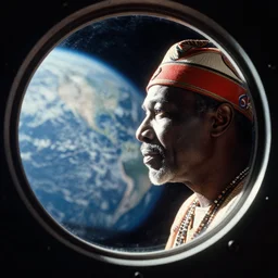 analogue photo of an African tribal chief looking out the porthole window of a spaceship, close-up, planet earth in porthole reflection, photo shot by martha cooper, 35mm,