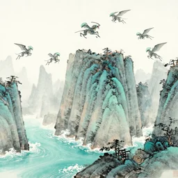 9 bionic alien sky beasts soaring above intricately detailed, soaring mountain peaks, turquoise ocean, white waves, chinese painting style, ink painting, ink landscape painting