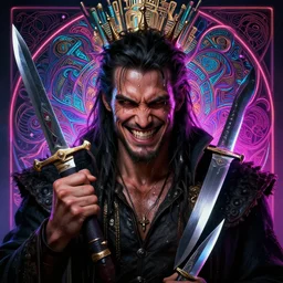 ugly smile, king of bandits, rough, fame of thrones, lord of daggers, neon, fibonacci, sweat drops, insane, intricate, highly detailed, digital painting, artstation, concept art, smooth, sharp focus, illustration, Unreal Engine 5, 8K, art by artgerm and greg rutkowski and alphonse mucha