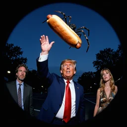 a spider throwing hot dogs on donald trump, fish eye lens, cover artwork by francis bacon and jenny seville, midnight hour, part by adrian ghenie, part by jeffrey smith, part by jo