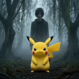 pikachu as slenderman, eerie fog, willowed trees, scary atmosphere