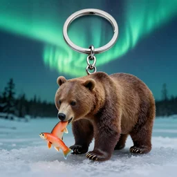 realistic keychain of a bear eating a salmon under the northern lights