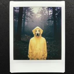 the yellow dog man, creepypasta, old colored polaroid, 1 9 2 0's, liminal, foggy forest