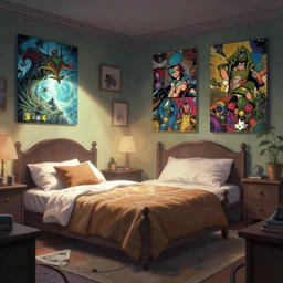 photo cartoon illustration comics manga painting of bedroomenvironement : 6 fantasy environement, digital painting, unreal engine, 8 k, volumetric lighting, contrast by john kirby by carl warner and jim woodring, trending on artstation
