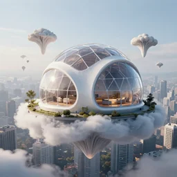 futuristic innovation. modular dome house. there is a city on a cloud. floating over the city. mycelial