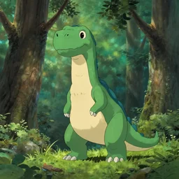 a post modern dinosaur in the woods, center composition, crisp detail, by ghibli pixar disney