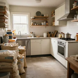 An empty kitchen. The smell of a thousand meals linger in the air like an unpleasant memory. Sacks of flour and other supplies are stacked everywhere; the place looks more like a warehouse than a home, as if they aren't going to be cooking anything for at least another two months.