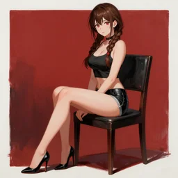 sexy girl with braided brown hair, wearing a shorts and stilettos, sitting in a chair, highly detailed, painting, red and black color palette, intricate, high quality anime artstyle