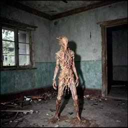 in an abandoned house a slimy creature with veins and slime, photograph from 1 9 8 3 with amateur flash