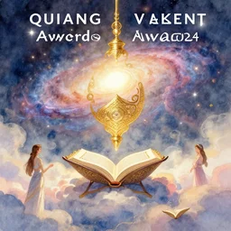 the quran descending from the galaxy into clouds highly detailed, gold filigree, romantic storybook fantasy, soft cinematic lighting, award, disney concept art watercolor illustration by mandy jurgens and alphonse mucha and alena aenami, pastel color palette, featured on artstation